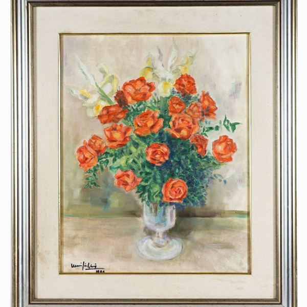 Pittore Italiano XX Secolo - Firmato. "Vaso con mazzo di rose", dipinto ad olio su tela applicata a compensato