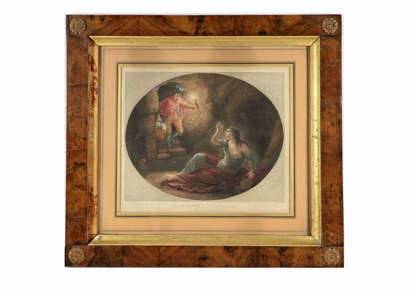 Antique English colored print "Visit to the captive Duchess"