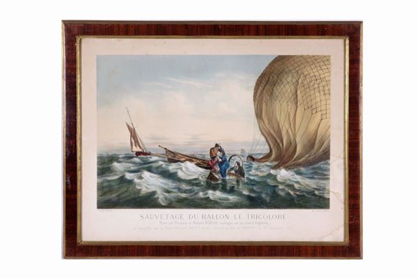 Antica stampa francese colorata "Il naufragio della mongolfiera"