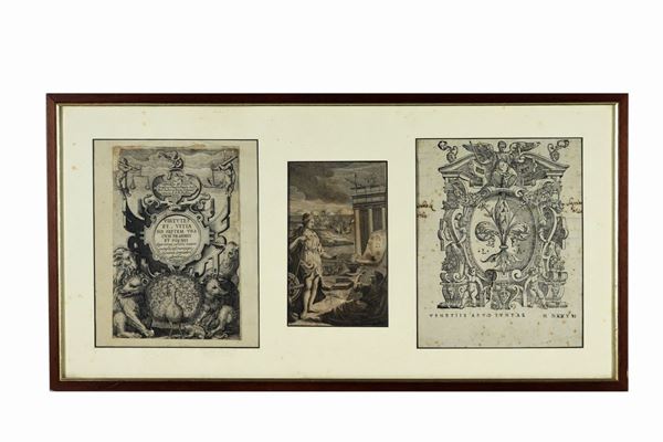 Lot of three antique small prints in a single frame "noble coats of arms"