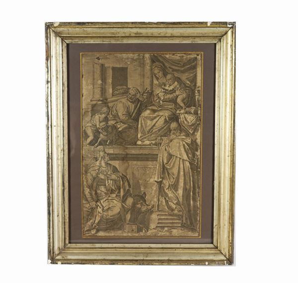 Antica stampa "Sacra Famiglia con Santi"