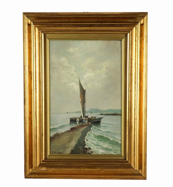 Radames Scoppa - "Landing of fishermen's boat". Signed, small oil painting on plywood