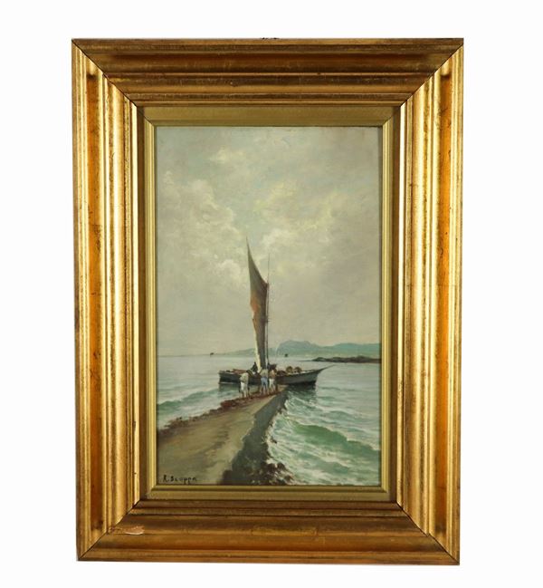 Radames Scoppa - "Approdo di barca di pescatori". Firmato, piccolo dipinto ad olio su compensato