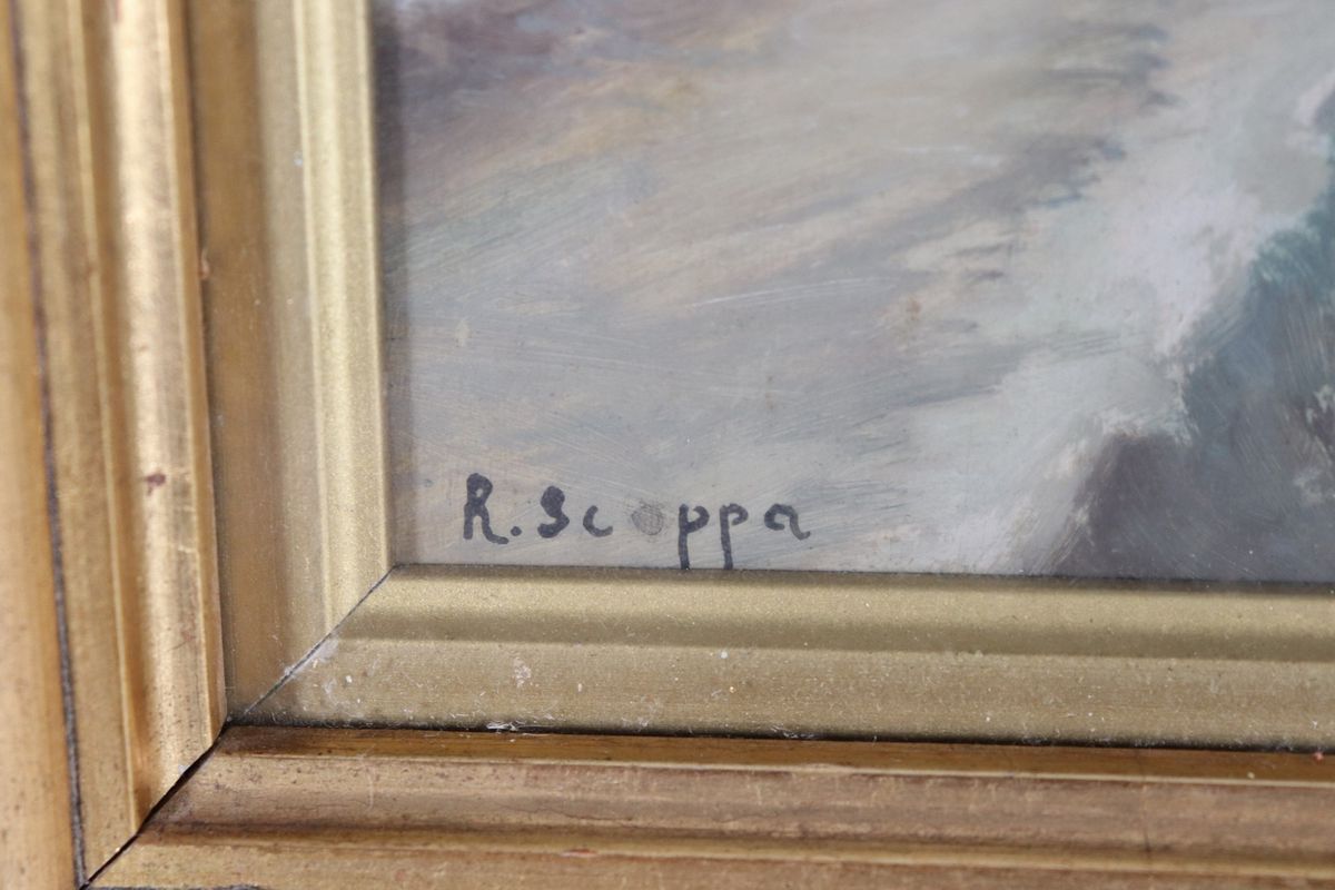 "Approdo di barca di pescatori". Firmato, piccolo dipinto ad olio su compensato