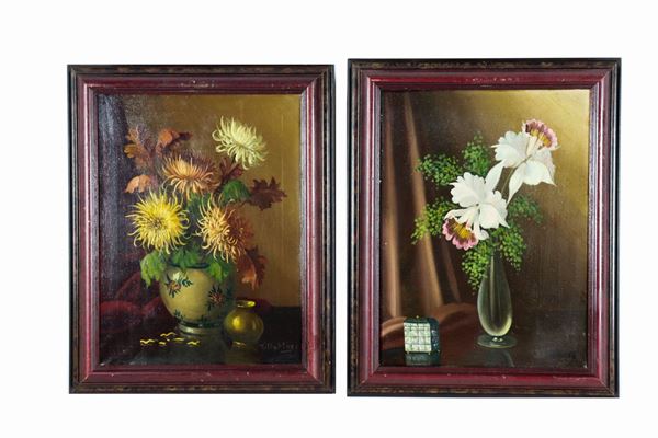 Scuola Francese XX Secolo - "Vases with flowers". Signed, pair of small oil paintings on canvas