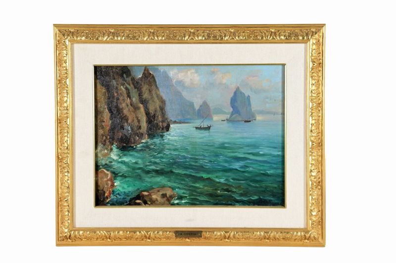 "Veduta dei faraglioni a Capri". Firmato. Piccolo dipinto ad olio su compensato