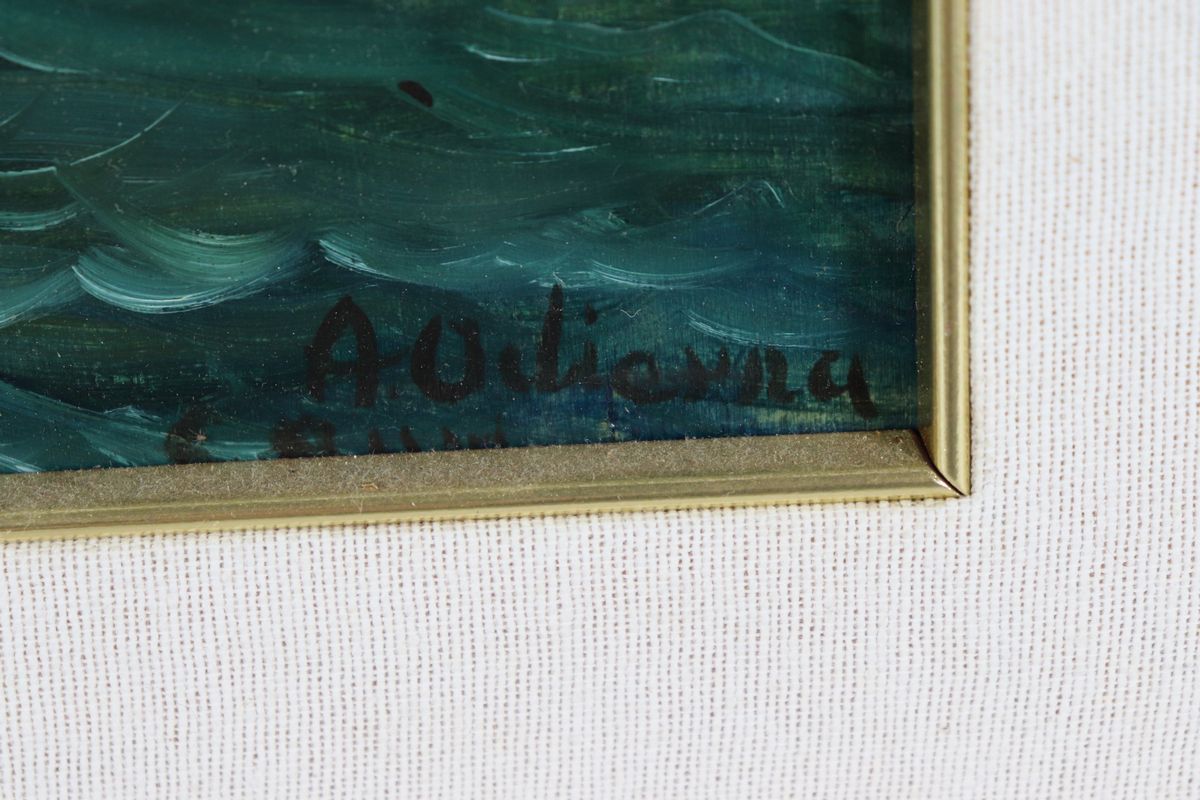 "Veduta dei faraglioni a Capri". Firmato. Piccolo dipinto ad olio su compensato