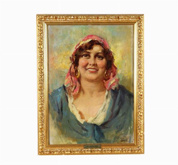 Muller E. pittore tedesco fine XIX -  inizio XX Secolo - Signed. "Popolana caprese" bright small oil painting on canvas applied to cardboard