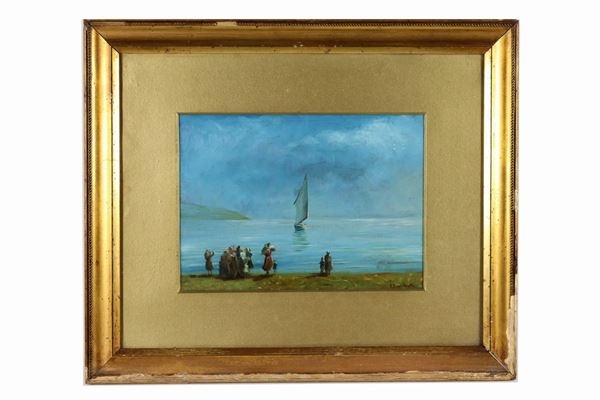Eugenio Bonivento - Firmato. "Marina con il ritorno dei pescatori" dipinto ad olio su masonite