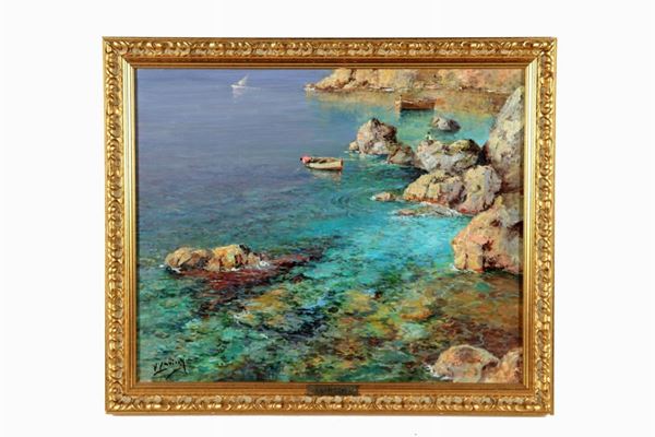 Vincenzo Laricchia - Firmato. "Scogliera a Capri con barche di pescatori" dipinto ad olio su tela