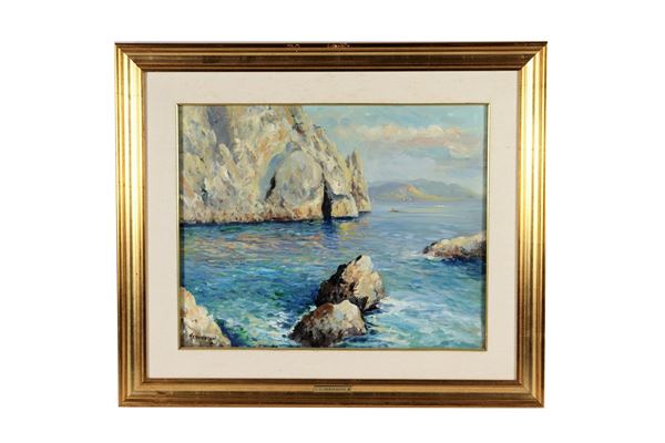 Carlo Perindani - Firmato. "Scogliera a Capri" dipinto ad olio su tela