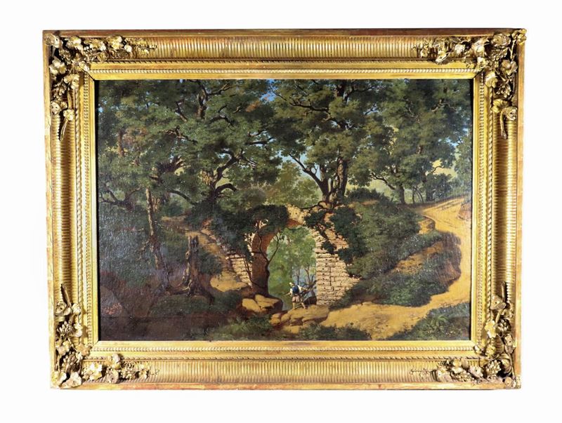 Firmato. "Paesaggio boschivo con viandante e ruderi" grande dipinto ad olio su tela