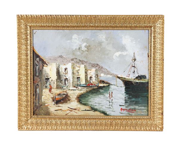 Pittore Napoletano Inizio XX Secolo - Signed. "Glimpse of small port with fishermen's boat" bright and small oil painting on plywood