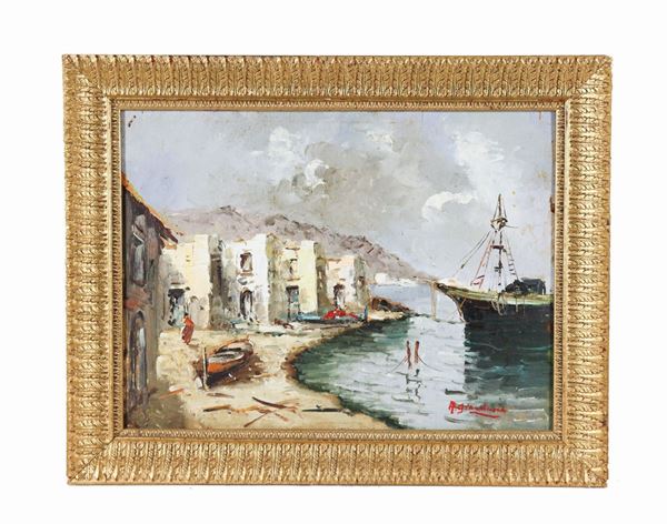Pittore Napoletano Inizio XX Secolo - Firmato. "Scorcio di porticciolo con barca di pescatori" luminoso e piccolo dipinto ad olio su compensato