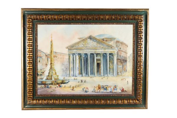 Pittore Europeo Fine XIX Secolo - "Veduta del Pantheon a Roma" acquarello su carta