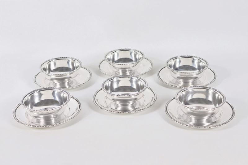 Lotto di sei coppe in argento con piattini (12 pz) gr. 1260