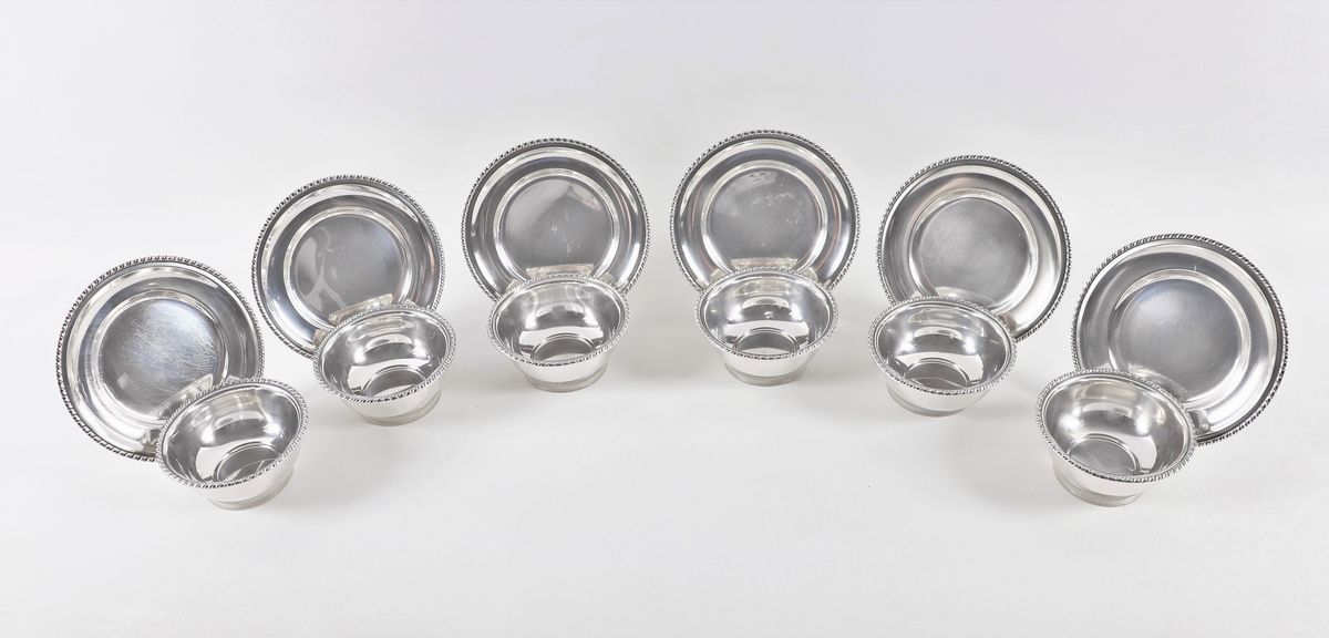 Lotto di sei coppe in argento con piattini (12 pz) gr. 1260