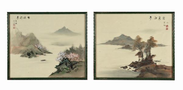 Coppia di antichi piccoli dipinti giapponesi a tecnica mista su seta "Paesaggi orientali". Firmati.