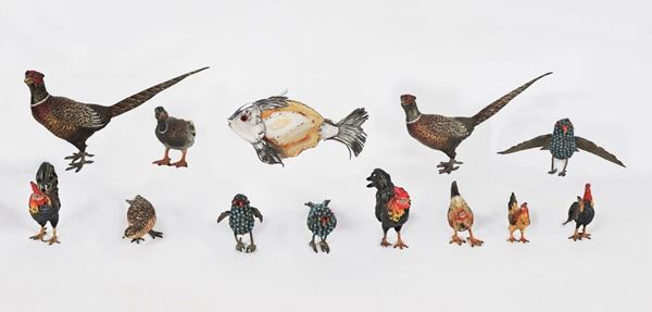 Lotto di tredici animaletti in bronzo, smalto e argento