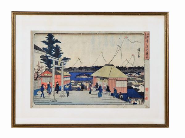 Ancient Japanese drawing in ink and watercolor on paper "Oriental life scene". Signed.