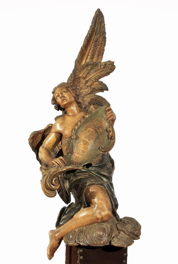 Antica grande scultura 'Angelo in Gloria' in legno policromato ed intagliato