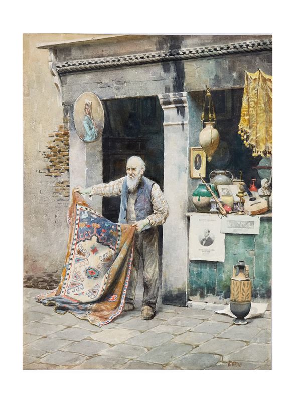 Bruno Amadio - Signed. 'The second-hand dealer' painted in watercolor on paper
