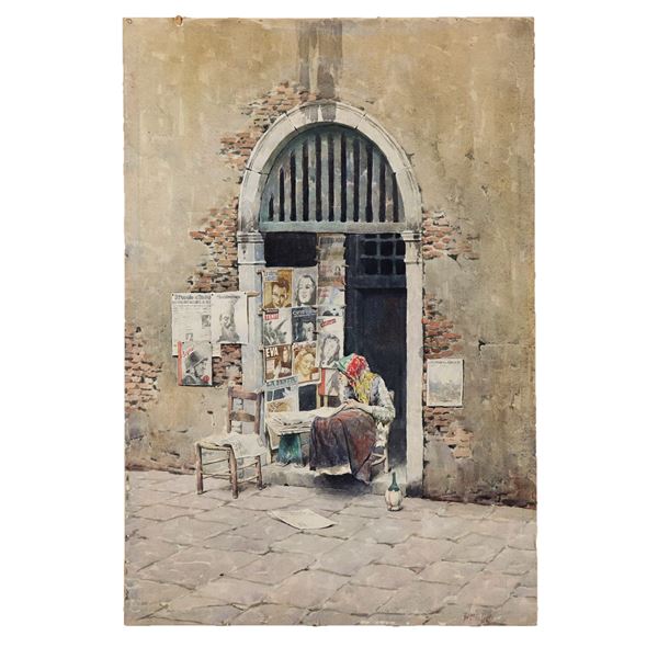 Bruno Amadio - Signed. 'The newspaper seller' painted in watercolor on paper