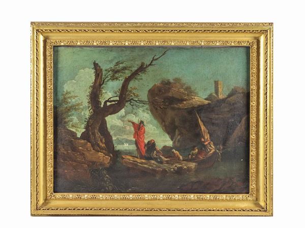 Salvator Rosa - Allievo di. "Paesaggio con barca, pescatori e soldati" dipinto ad olio su tela