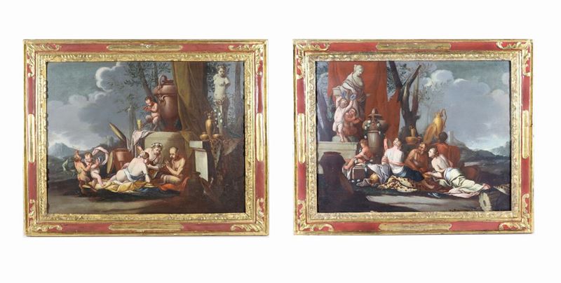 Attribuiti. "Baccanali con satiro, Dio Pan, vestali e allegorie di putti danzanti" coppia di dipi...