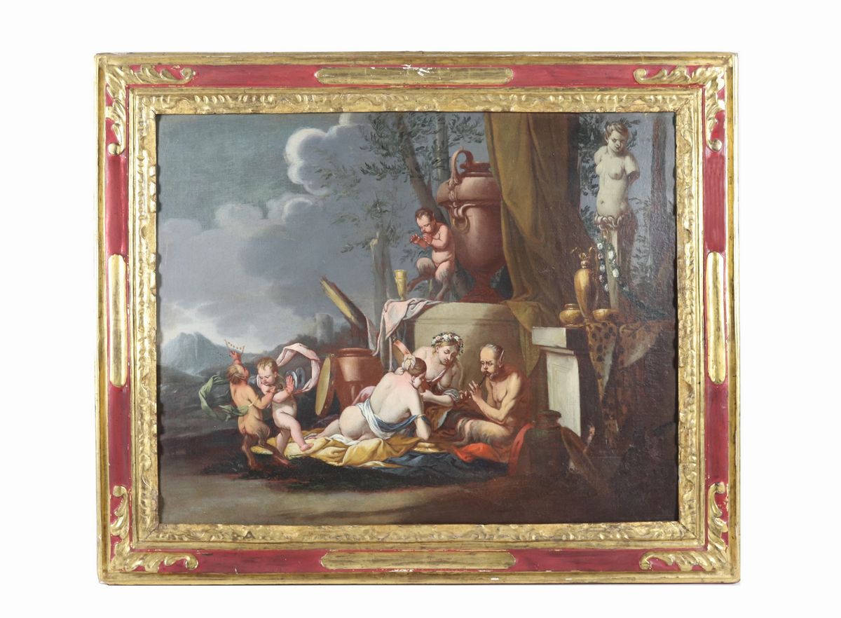 Attribuiti. "Baccanali con satiro, Dio Pan, vestali e allegorie di putti danzanti" coppia di dipi...