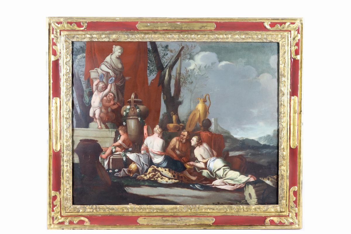 Attribuiti. "Baccanali con satiro, Dio Pan, vestali e allegorie di putti danzanti" coppia di dipi...