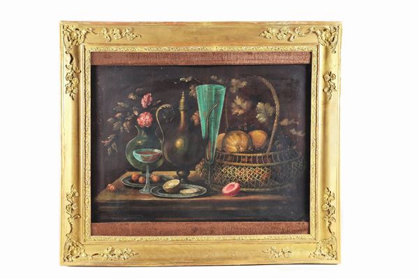 Pittore Fiammingo Fine XVIII Secolo - Signed. "Still life with fruit, tableware and glasses" oil painting on canvas