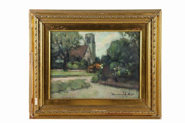 Venanzio Zolla - Firmato. "Veduta della vecchia Chiesa di Maidstone nel Kent" piccolo dipinto ad olio su cartone pressato