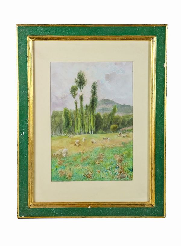 Edoardo Monteforte - Signed. "Landscape with shepherd and flock of sheep" painted in watercolor on paper