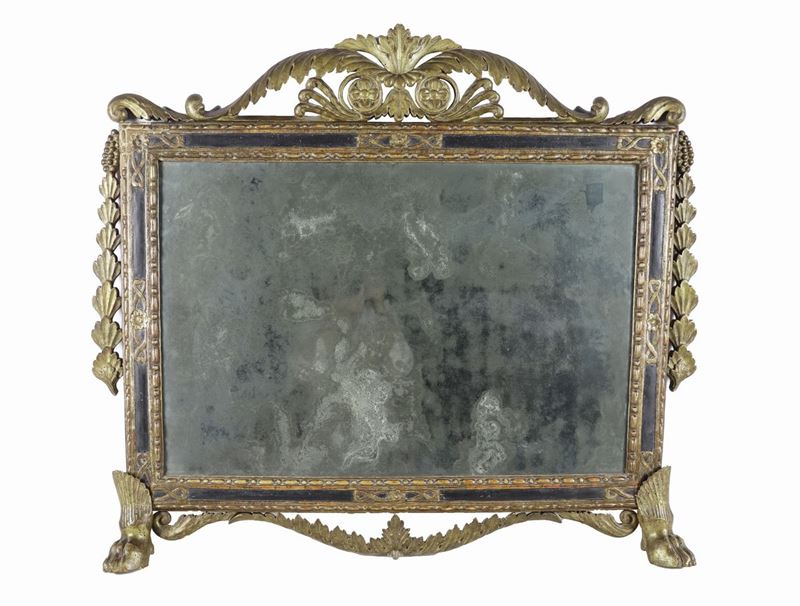 Caminiera lucchese Luigi XVI in legno dorato e laccato nero