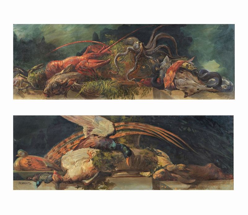 Firmati e datati. 'Nature morte con crostacei, pesci e cacciagione' coppia di dipinti ad olio su ...