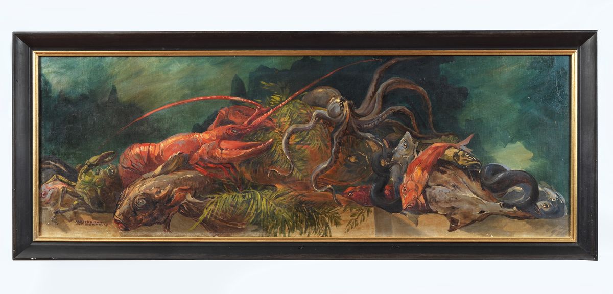 Firmati e datati. 'Nature morte con crostacei, pesci e cacciagione' coppia di dipinti ad olio su ...