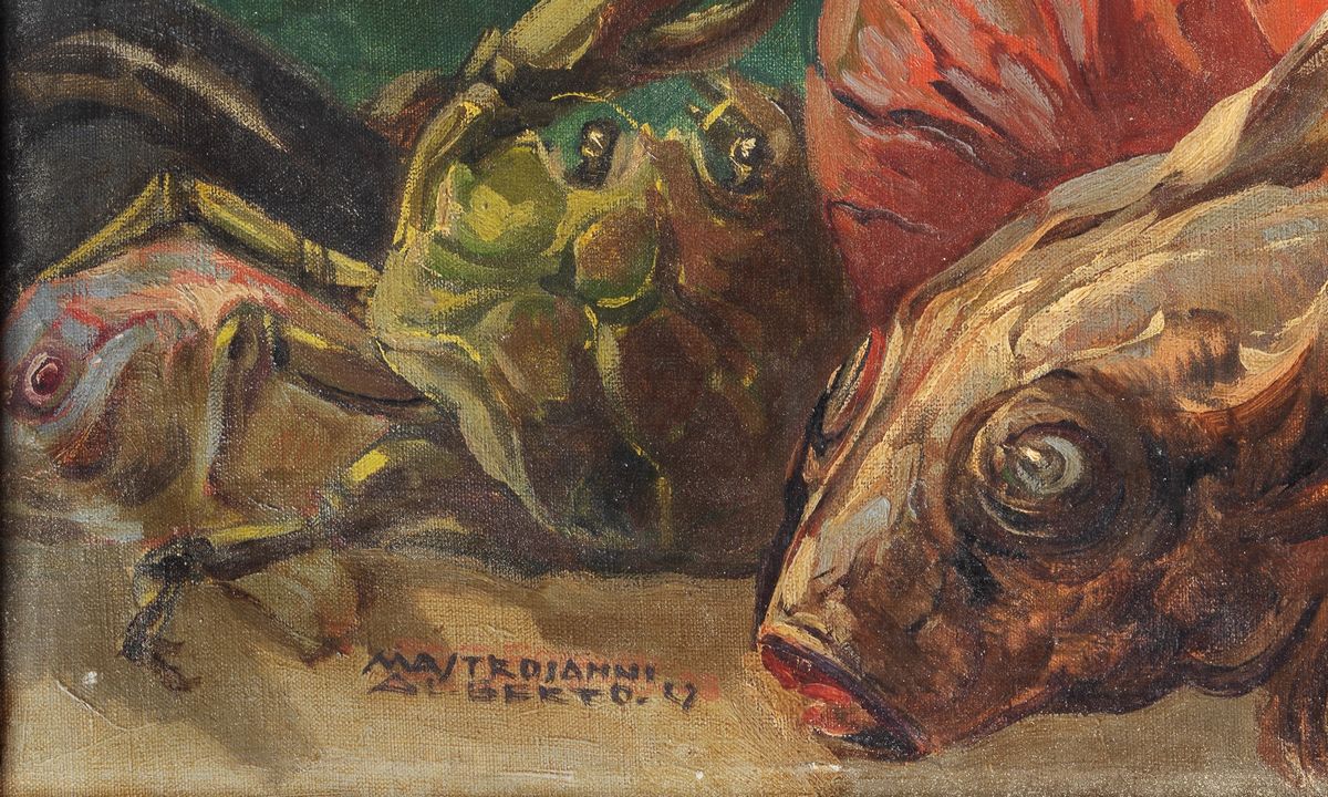 Firmati e datati. 'Nature morte con crostacei, pesci e cacciagione' coppia di dipinti ad olio su ...