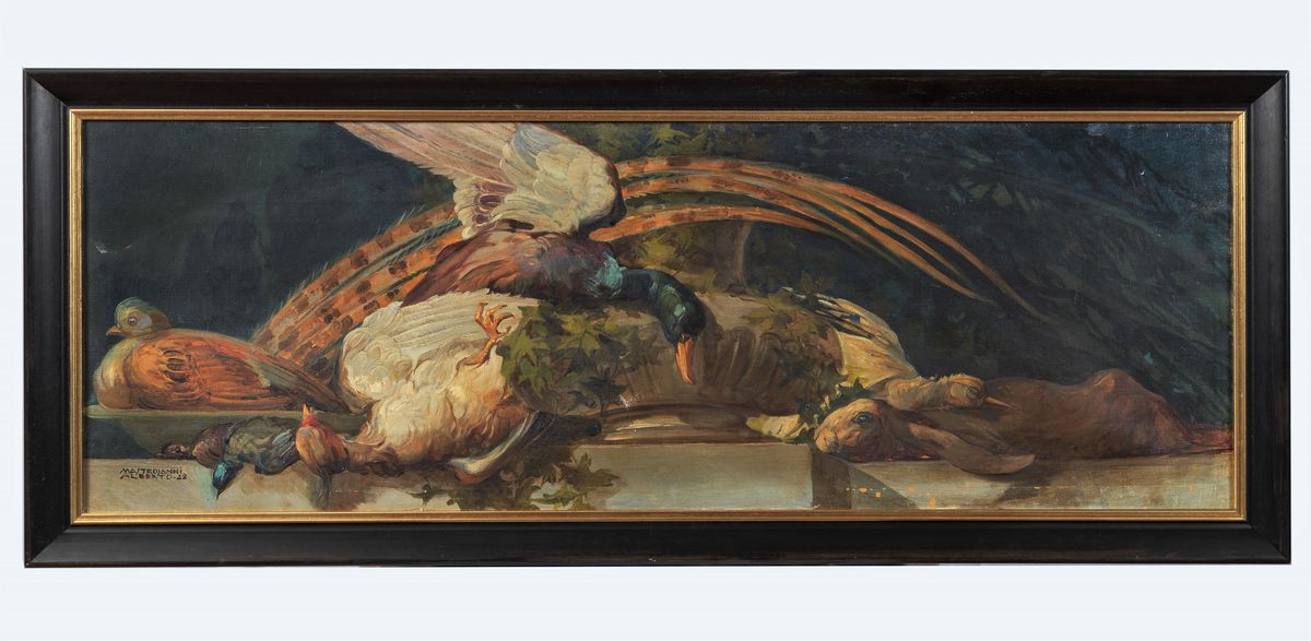 Firmati e datati. 'Nature morte con crostacei, pesci e cacciagione' coppia di dipinti ad olio su ...