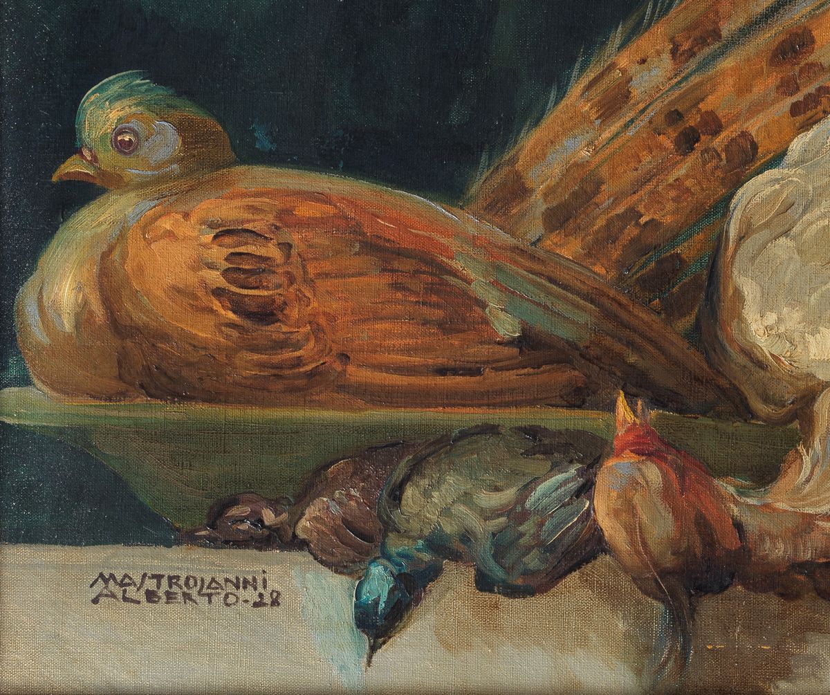 Firmati e datati. 'Nature morte con crostacei, pesci e cacciagione' coppia di dipinti ad olio su ...