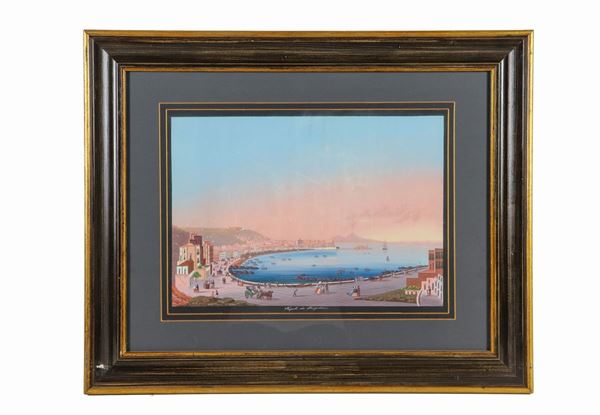 Pittore Napoletano XIX Secolo - "View of Naples from Mergellina" ancient gouache on paper