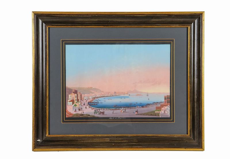 "Veduta di Napoli da Mergellina" antica gouache su carta