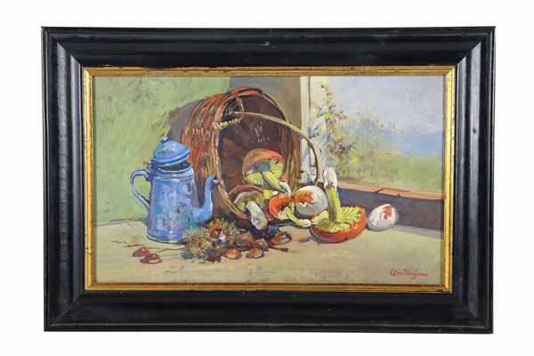 Edoardo Gordigiani - Signed. "Still life with mushrooms, chestnuts and jug" small oil painting on tablet