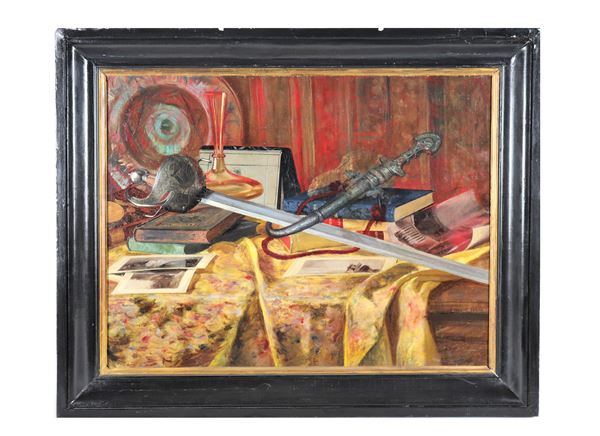 Enrique Serra - Signed. "Still life with weapons, books and pottery" oil painting on canvas