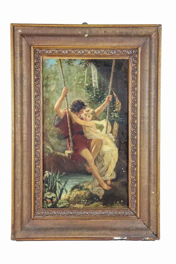 Teofilo Patini - Signed. "Amorous scene in the park" ancient and delightful oil painting on canvas