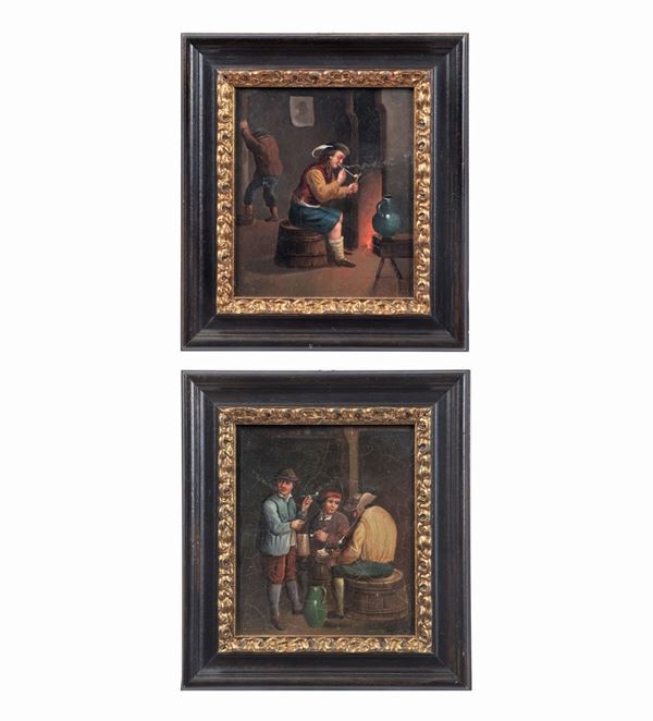 Pittore Fiammingo XIX Secolo - "Bevitori alla locanda" coppia di piccoli dipinti ad olio su tela