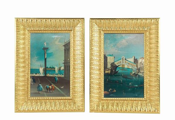 Scuola Veneta Fine XIX Secolo - "Vedute di Venezia" coppia di piccoli dipinti ad olio su tela