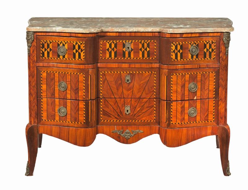 Commode francese Napoleone III (1852 - 1870) in mogano, ebano viola ed ebano rosa