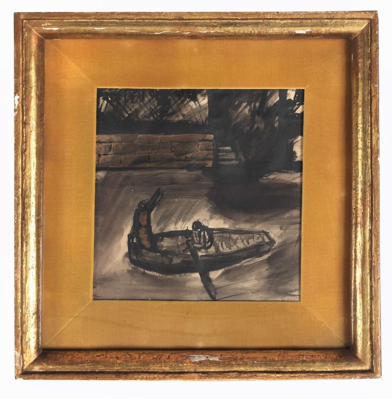 Firmato. 'Uomo con barca sul fiume' dipinto a tempera su carta