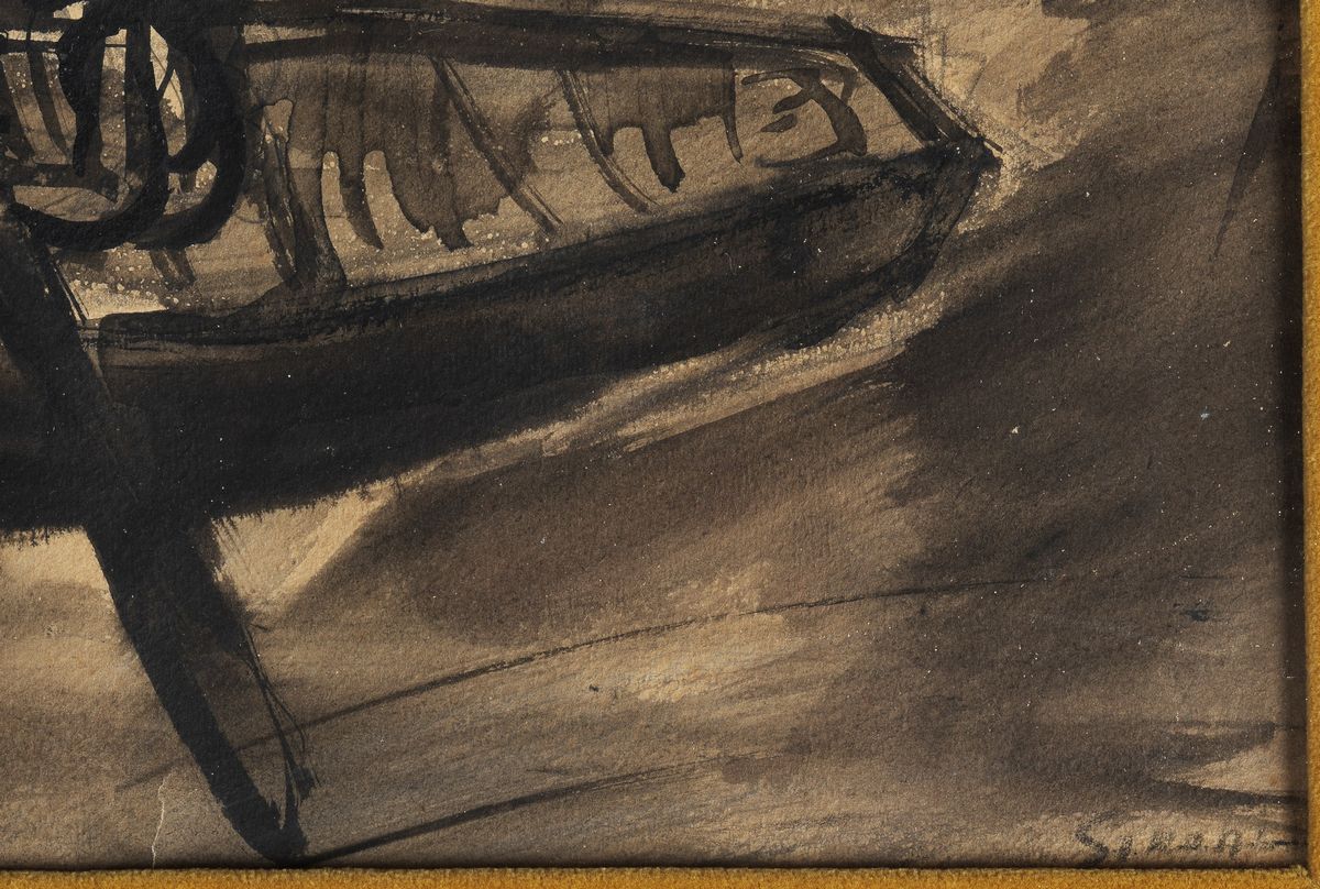 Firmato. 'Uomo con barca sul fiume' dipinto a tempera su carta